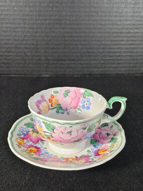 Crown Staffordshire, England Hand Painted Jacobean Style Floral Cup And Saucer